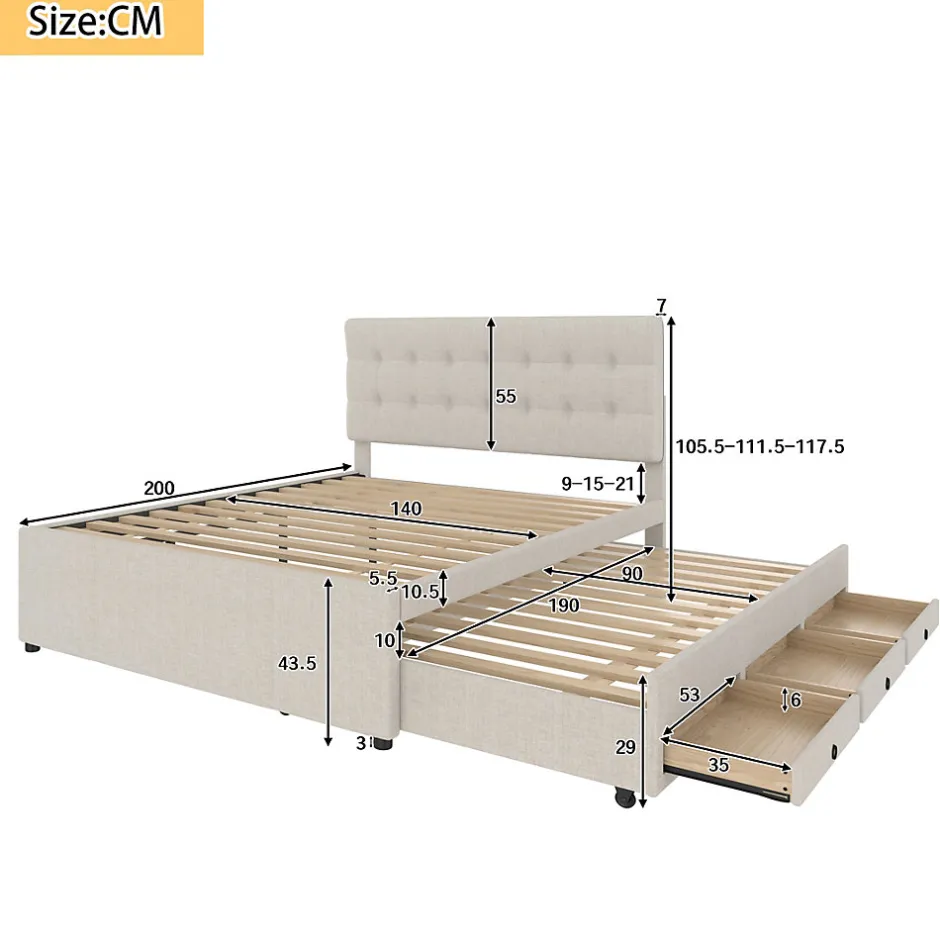 Okwish Lit Gigogne 140x200 cm - Lit Double Ado avec Tête de Lit Réglable et 3 Tiroirs - Sans Matelas - Lin Beige