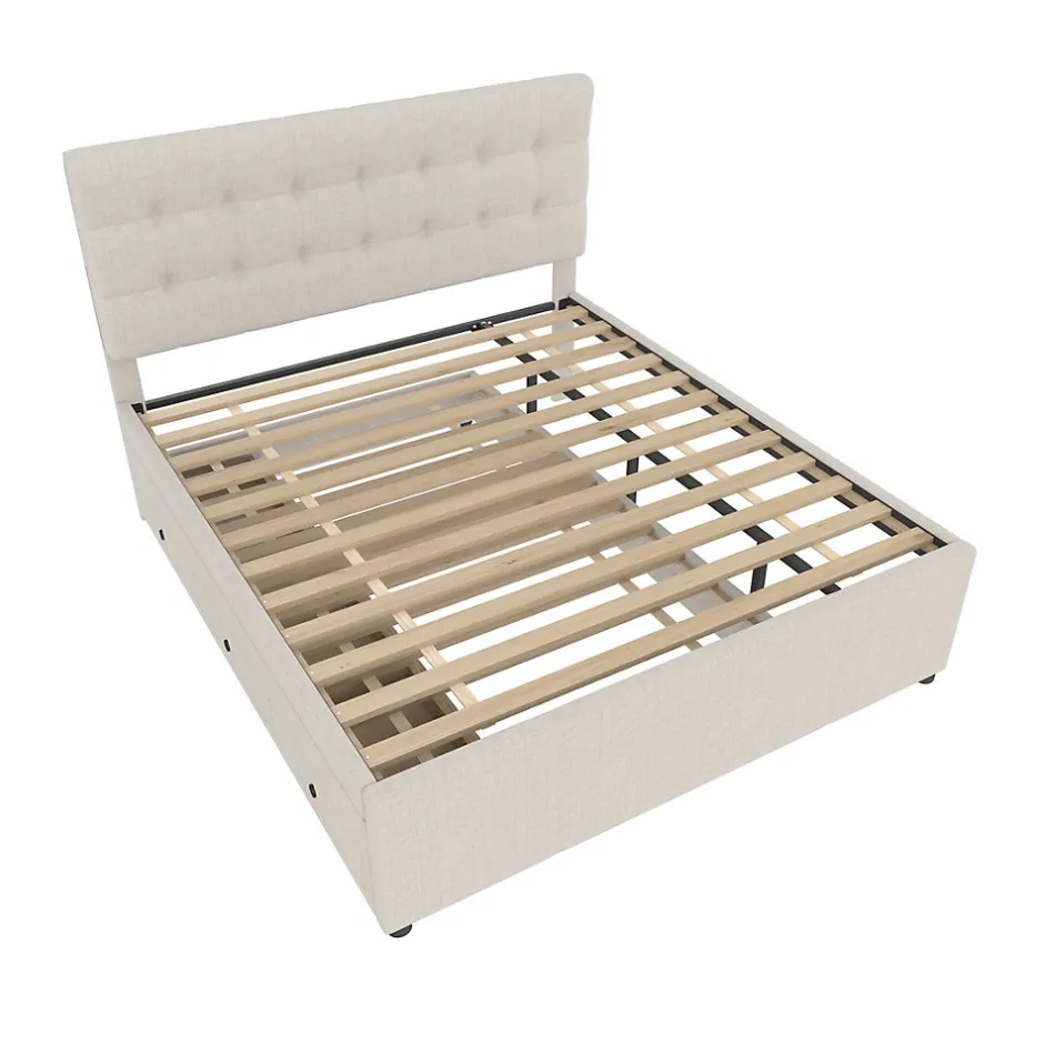 Okwish Lit Gigogne 140x200 cm - Lit Double Ado avec Tête de Lit Réglable et 3 Tiroirs - Sans Matelas - Lin Beige