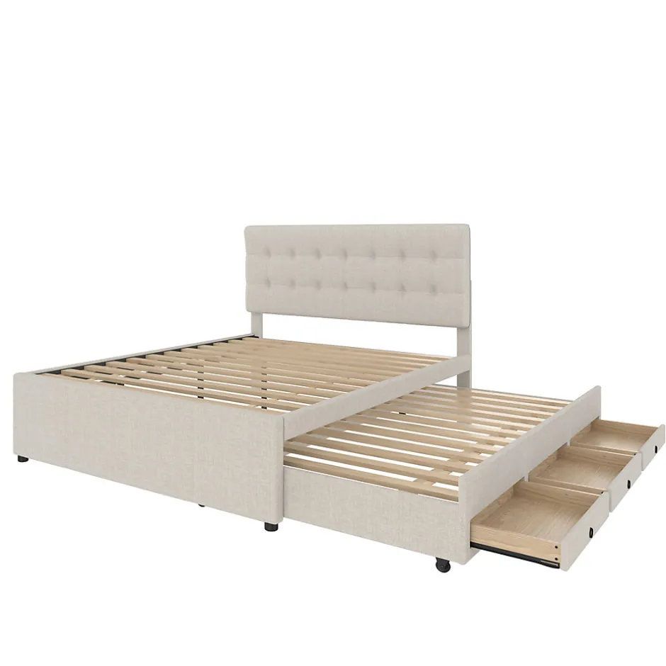 Okwish Lit Gigogne 140x200 cm - Lit Double Ado avec Tête de Lit Réglable et 3 Tiroirs - Sans Matelas - Lin Beige