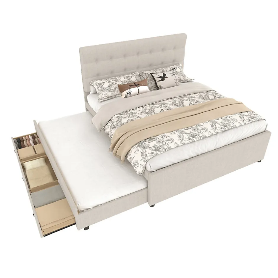 Okwish Lit Gigogne 140x200 cm - Lit Double Ado avec Tête de Lit Réglable et 3 Tiroirs - Sans Matelas - Lin Beige