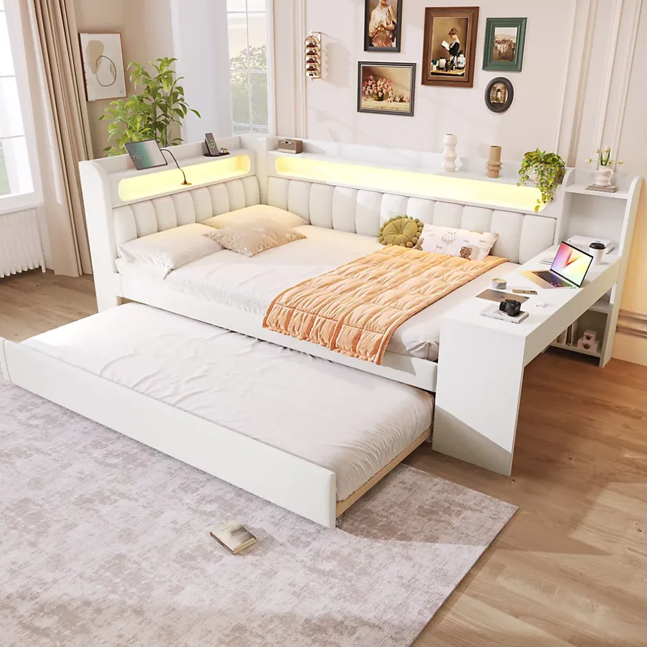 Okwish Lit Gigogne 140x200 cm - Lit Double Rembourré avec LED et Ports USB, Bureau Intégré, sans Matelas - MDF Blanc Best