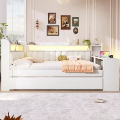 Okwish Lit Gigogne 140x200 cm - Lit Double Rembourré avec LED et Ports USB, Bureau Intégré, sans Matelas - MDF Blanc Best