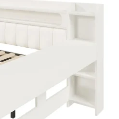 Okwish Lit Gigogne 140x200 cm - Lit Double Rembourré avec LED et Ports USB, Bureau Intégré, sans Matelas - MDF Blanc Best