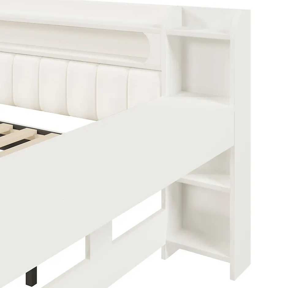 Okwish Lit Gigogne 140x200 cm - Lit Double Rembourré avec LED et Ports USB, Bureau Intégré, sans Matelas - MDF Blanc Best