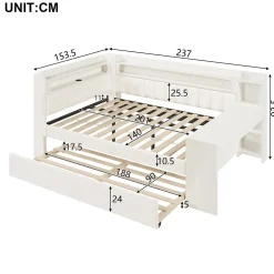 Okwish Lit Gigogne 140x200 cm - Lit Double Rembourré avec LED et Ports USB, Bureau Intégré, sans Matelas - MDF Blanc Best