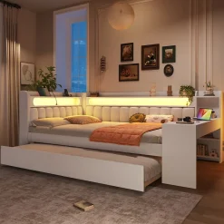 Okwish Lit Gigogne 140x200 cm - Lit Double Rembourré avec LED et Ports USB, Bureau Intégré, sans Matelas - MDF Blanc Best