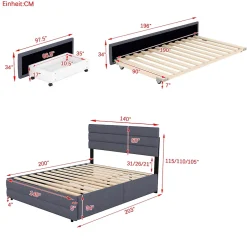 Okwish Lit Gigogne 140x200 cm - Lit Double avec Tiroirs et Rangement Extensible - Lit D'Appoint Adulte - Lin Gris - Sans Matelas Outlet