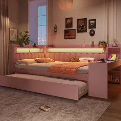 Okwish Lit Gigogne 140x200 cm - Lit Double Rembourré avec LED et Ports USB, Bureau Intégré, sans Matelas - MDF Rose