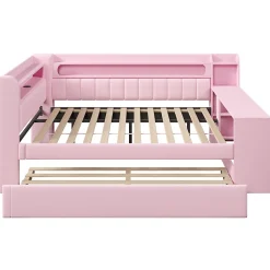 Okwish Lit Gigogne 140x200 cm - Lit Double Rembourré avec LED et Ports USB, Bureau Intégré, sans Matelas - MDF Rose