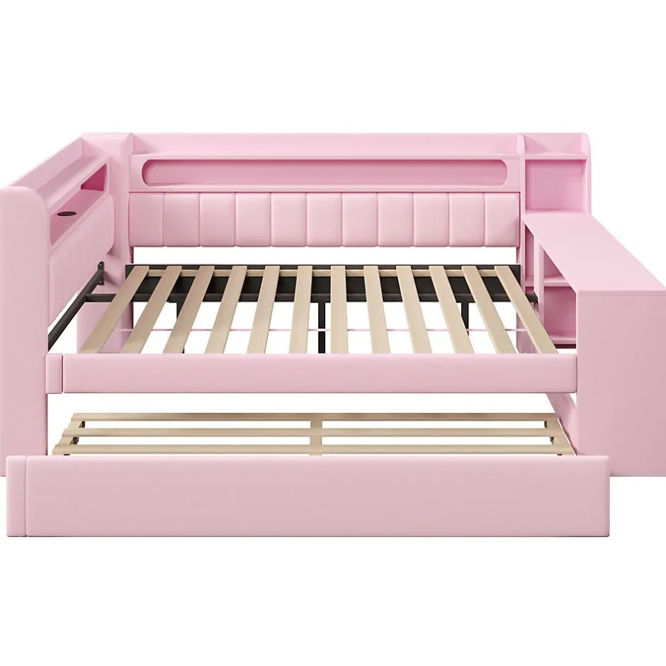 Okwish Lit Gigogne 140x200 cm - Lit Double Rembourré avec LED et Ports USB, Bureau Intégré, sans Matelas - MDF Rose