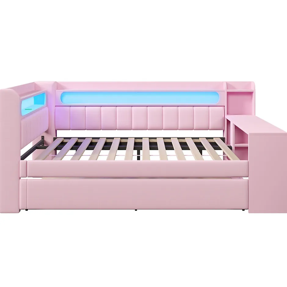 Okwish Lit Gigogne 140x200 cm - Lit Double Rembourré avec LED et Ports USB, Bureau Intégré, sans Matelas - MDF Rose