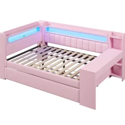 Okwish Lit Gigogne 140x200 cm - Lit Double Rembourré avec LED et Ports USB, Bureau Intégré, sans Matelas - MDF Rose