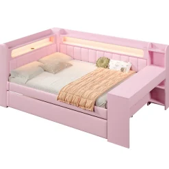 Okwish Lit Gigogne 140x200 cm - Lit Double Rembourré avec LED et Ports USB, Bureau Intégré, sans Matelas - MDF Rose