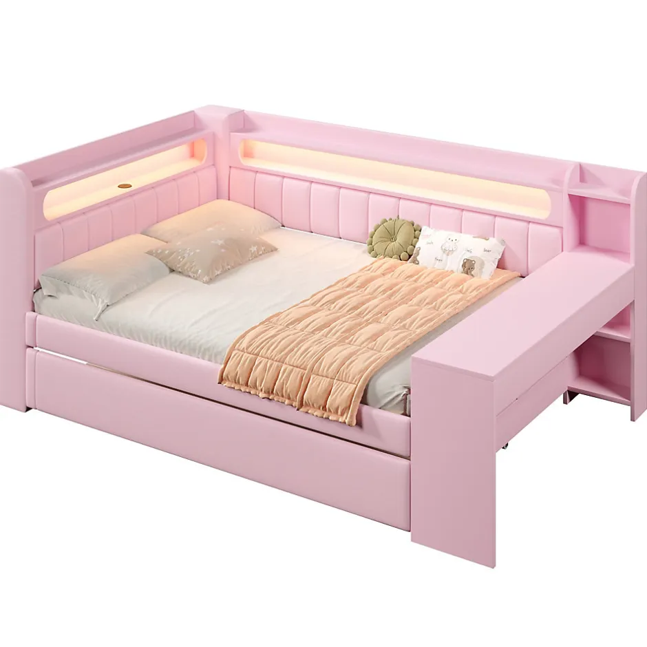 Okwish Lit Gigogne 140x200 cm - Lit Double Rembourré avec LED et Ports USB, Bureau Intégré, sans Matelas - MDF Rose