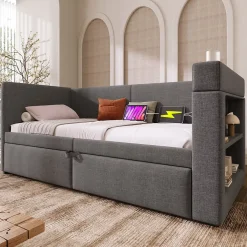 Okwish Lit Gigogne 90x200 cm - Lit Enfant avec Ports USB et Type-C, Porte-Gobelet, sans Matelas, Tissu Lin, Gris New