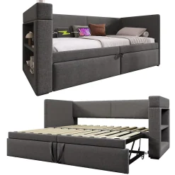 Okwish Lit Gigogne 90x200 cm - Lit Enfant avec Ports USB et Type-C, Porte-Gobelet, sans Matelas, Tissu Lin, Gris New