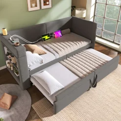 Okwish Lit Gigogne 90x200 cm - Lit Enfant avec Ports USB et Type-C, Porte-Gobelet, sans Matelas, Tissu Lin, Gris New