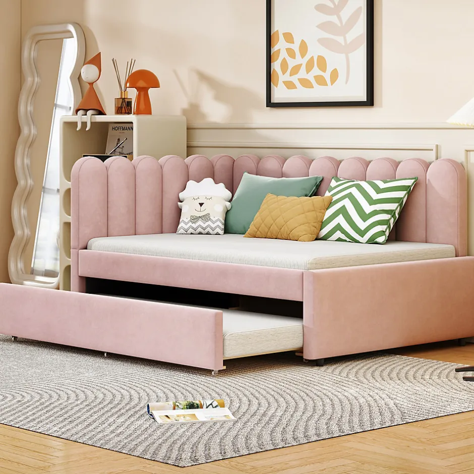 Okwish Lit Gigogne 140x200 cm - Lit Enfant Velours avec Rangement et Lit Extensible L-Forme, Sans Matelas, Rose