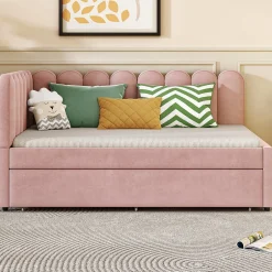 Okwish Lit Gigogne 140x200 cm - Lit Enfant Velours avec Rangement et Lit Extensible L-Forme, Sans Matelas, Rose