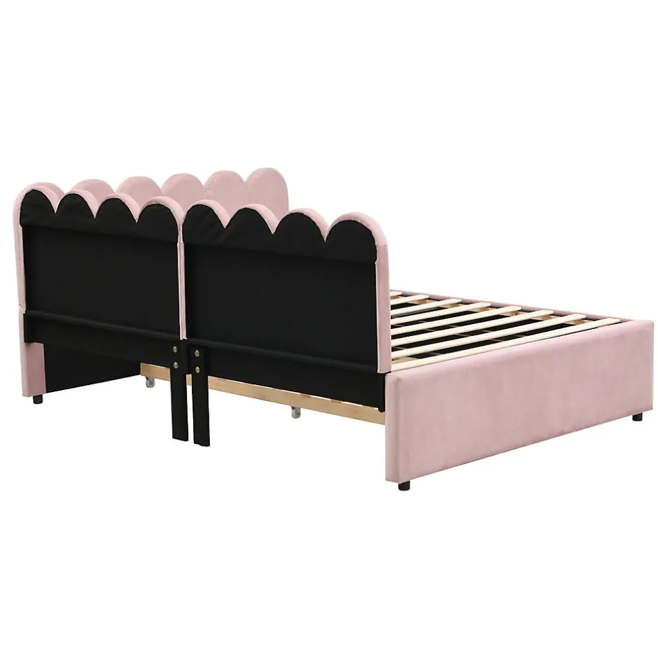 Okwish Lit Gigogne 140x200 cm - Lit Enfant Velours avec Rangement et Lit Extensible L-Forme, Sans Matelas, Rose