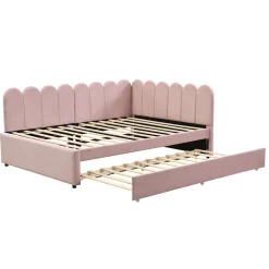 Okwish Lit Gigogne 140x200 cm - Lit Enfant Velours avec Rangement et Lit Extensible L-Forme, Sans Matelas, Rose