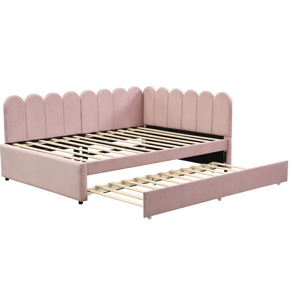 Okwish Lit Gigogne 140x200 cm - Lit Enfant Velours avec Rangement et Lit Extensible L-Forme, Sans Matelas, Rose