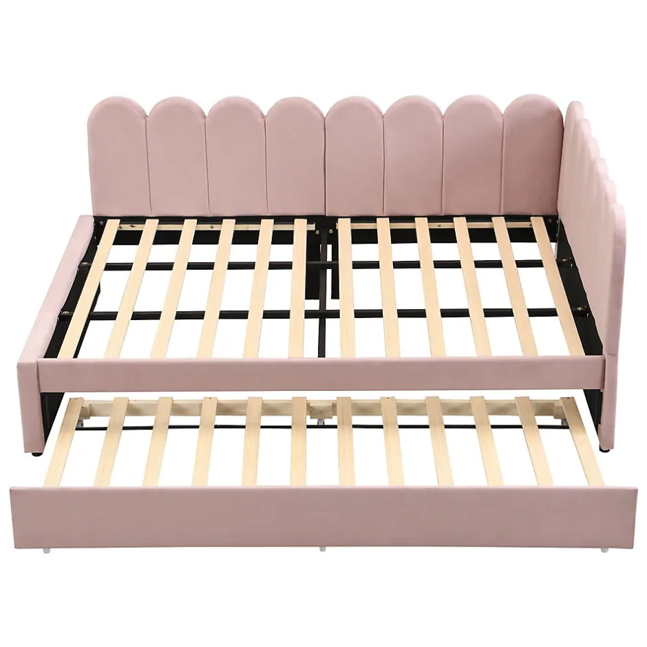 Okwish Lit Gigogne 140x200 cm - Lit Enfant Velours avec Rangement et Lit Extensible L-Forme, Sans Matelas, Rose