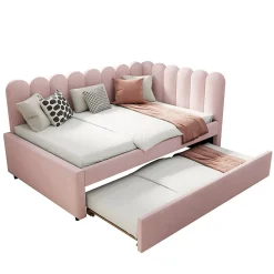 Okwish Lit Gigogne 140x200 cm - Lit Enfant Velours avec Rangement et Lit Extensible L-Forme, Sans Matelas, Rose