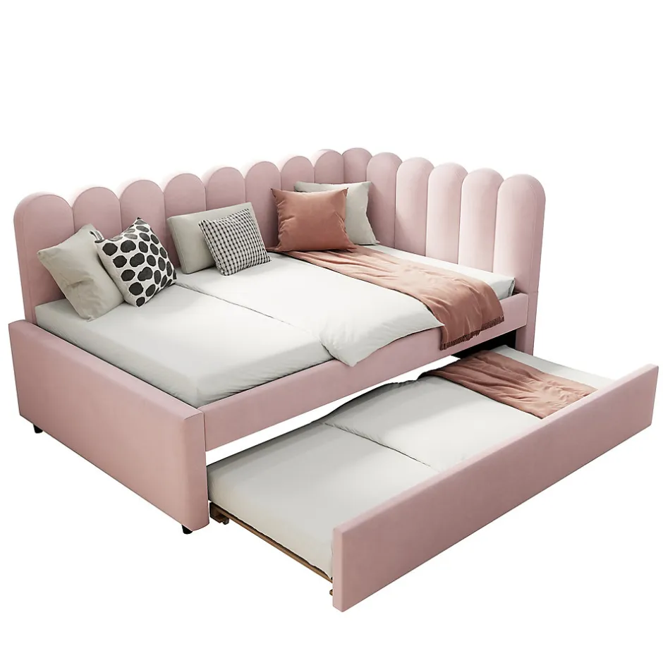 Okwish Lit Gigogne 140x200 cm - Lit Enfant Velours avec Rangement et Lit Extensible L-Forme, Sans Matelas, Rose