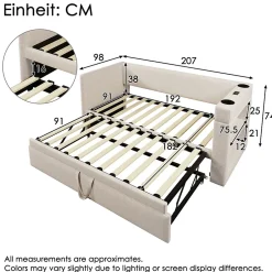 Okwish Lit Gigogne 90x190 cm - Lit Enfant avec Ports USB et Type-C, Porte-Gobelet, sans Matelas, Tissu Lin, Beige Discount
