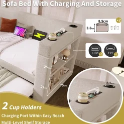 Okwish Lit Gigogne 90x190 cm - Lit Enfant avec Ports USB et Type-C, Porte-Gobelet, sans Matelas, Tissu Lin, Beige Discount