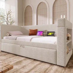 Okwish Lit Gigogne 90x190 cm - Lit Enfant avec Ports USB et Type-C, Porte-Gobelet, sans Matelas, Tissu Lin, Beige Discount