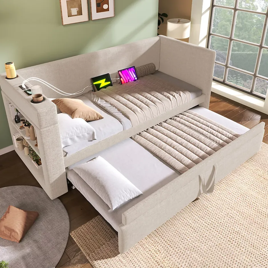 Okwish Lit Gigogne 90x190 cm - Lit Enfant avec Ports USB et Type-C, Porte-Gobelet, sans Matelas, Tissu Lin, Beige Discount