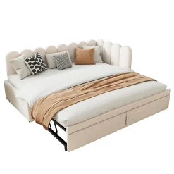 Okwish Lit Gigogne 90x200 cm - Lit Enfant Velours avec Rangement et Lit Extensible, 2-en-1 Multifonction, Sans Matelas, Beige Outlet