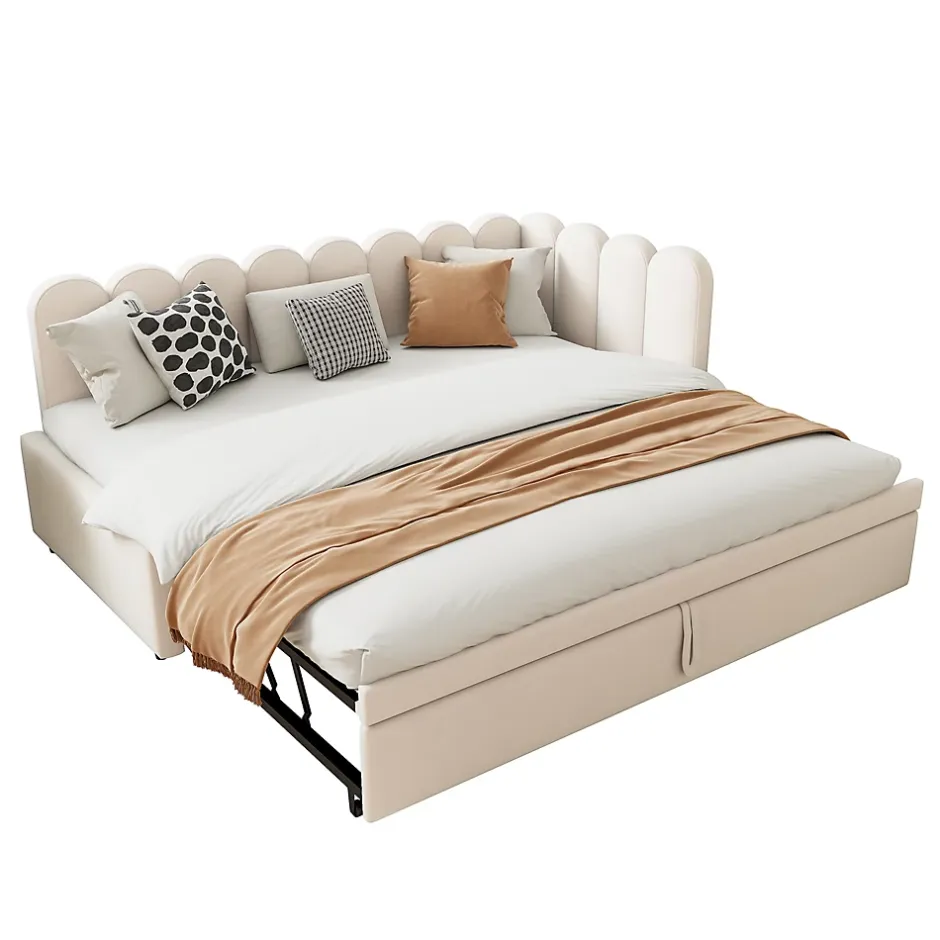 Okwish Lit Gigogne 90x200 cm - Lit Enfant Velours avec Rangement et Lit Extensible, 2-en-1 Multifonction, Sans Matelas, Beige Outlet