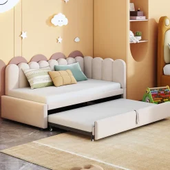 Okwish Lit Gigogne 90x200 cm - Lit Enfant Velours avec Rangement et Lit Extensible, 2-en-1 Multifonction, Sans Matelas, Beige Outlet