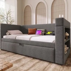 Okwish Lit Gigogne 90x190 cm - Lit Enfant avec Ports USB et Type-C, Porte-Gobelet, sans Matelas, Tissu Lin, Gris