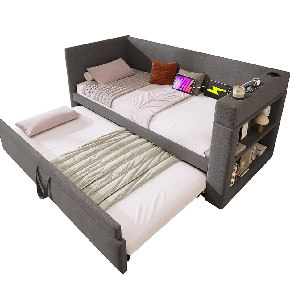 Okwish Lit Gigogne 90x190 cm - Lit Enfant avec Ports USB et Type-C, Porte-Gobelet, sans Matelas, Tissu Lin, Gris