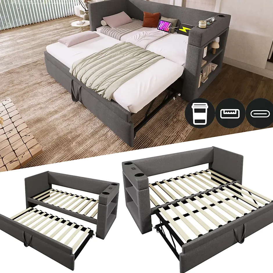 Okwish Lit Gigogne 90x190 cm - Lit Enfant avec Ports USB et Type-C, Porte-Gobelet, sans Matelas, Tissu Lin, Gris