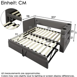 Okwish Lit Gigogne 90x190 cm - Lit Enfant avec Ports USB et Type-C, Porte-Gobelet, sans Matelas, Tissu Lin, Gris