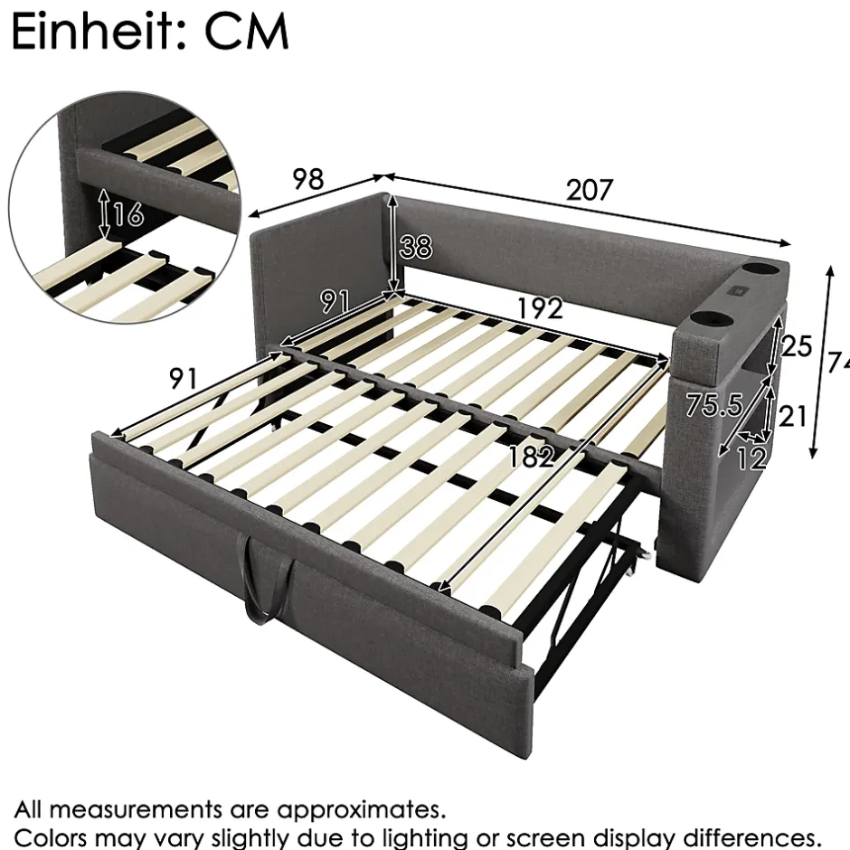 Okwish Lit Gigogne 90x190 cm - Lit Enfant avec Ports USB et Type-C, Porte-Gobelet, sans Matelas, Tissu Lin, Gris