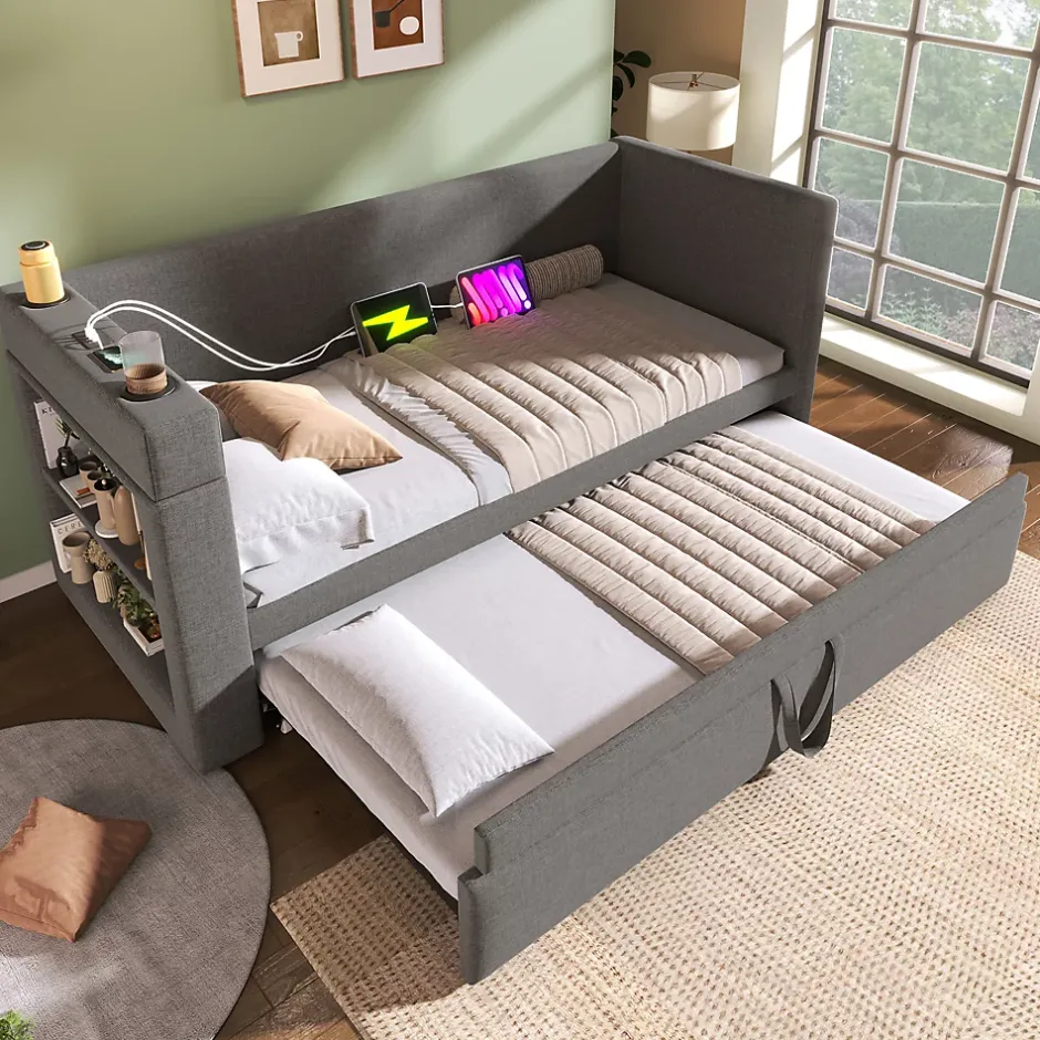 Okwish Lit Gigogne 90x190 cm - Lit Enfant avec Ports USB et Type-C, Porte-Gobelet, sans Matelas, Tissu Lin, Gris
