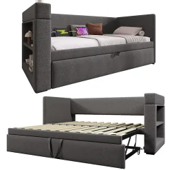 Okwish Lit Gigogne 90x190 cm - Lit Enfant avec Ports USB et Type-C, Porte-Gobelet, sans Matelas, Tissu Lin, Gris