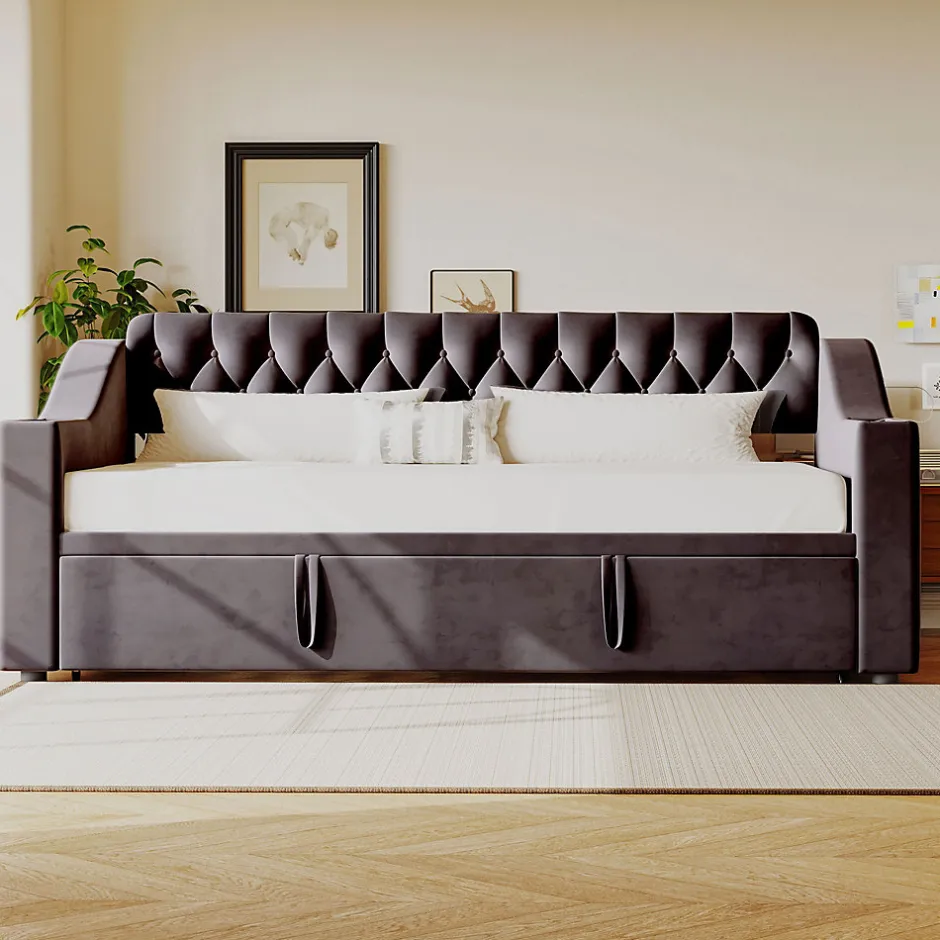 Okwish Lit Gigogne 90x190 cm - Lit Enfant en Velours avec Rangement et Port USB, Sommier à Lattes, Sans Matelas, Gris Foncé