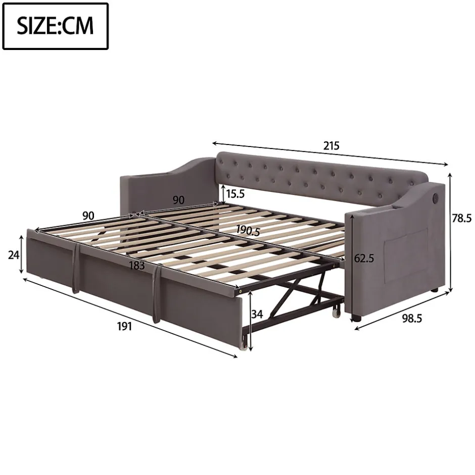 Okwish Lit Gigogne 90x190 cm - Lit Enfant en Velours avec Rangement et Port USB, Sommier à Lattes, Sans Matelas, Gris Foncé