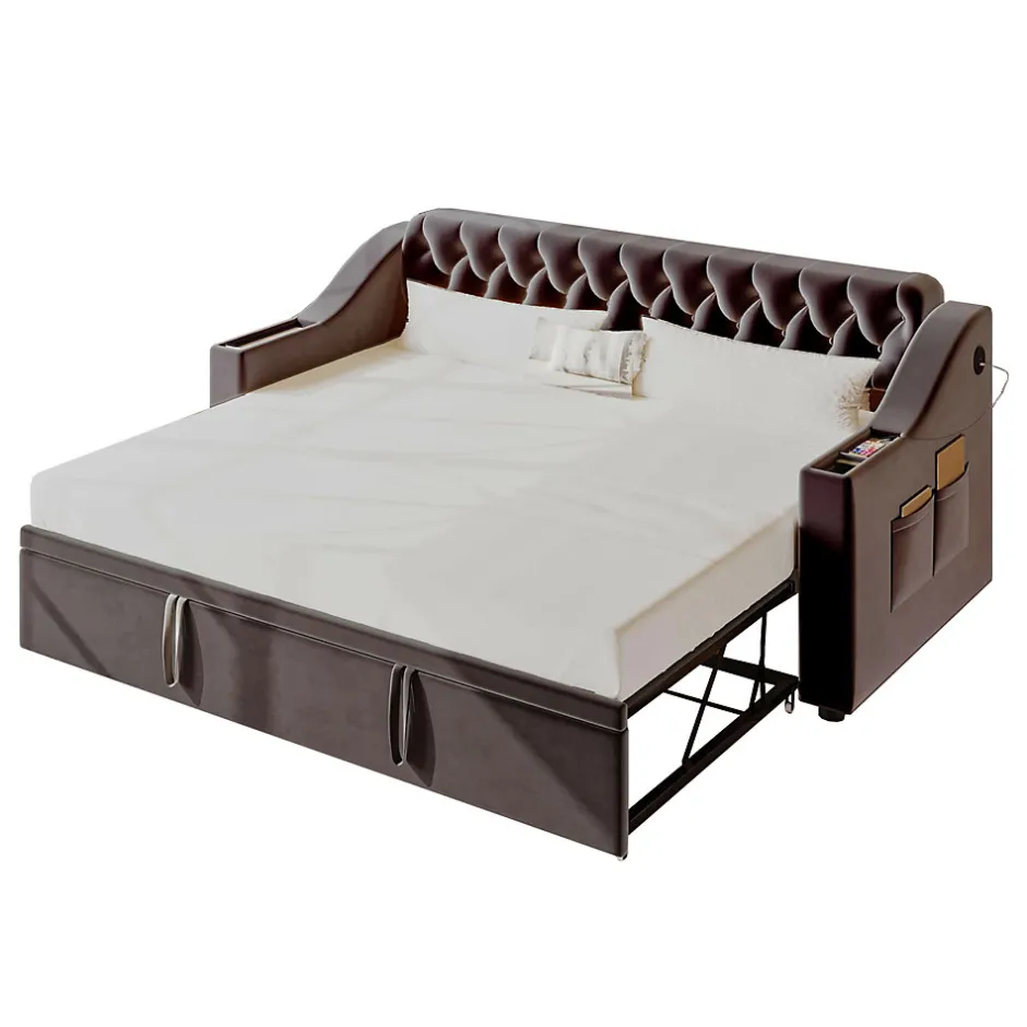 Okwish Lit Gigogne 90x190 cm - Lit Enfant en Velours avec Rangement et Port USB, Sommier à Lattes, Sans Matelas, Gris Foncé