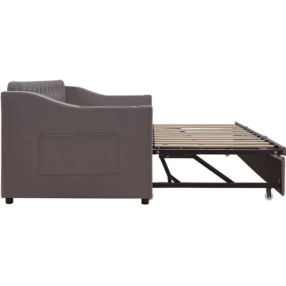 Okwish Lit Gigogne 90x190 cm - Lit Enfant en Velours avec Rangement et Port USB, Sommier à Lattes, Sans Matelas, Gris Foncé