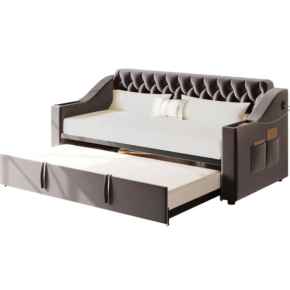Okwish Lit Gigogne 90x190 cm - Lit Enfant en Velours avec Rangement et Port USB, Sommier à Lattes, Sans Matelas, Gris Foncé