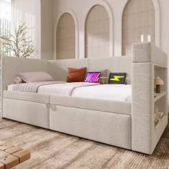Okwish Lit Gigogne 90x200 cm - Lit Enfant avec Ports USB et Type-C, Porte-Gobelet, sans Matelas, Tissu Lin, Beige