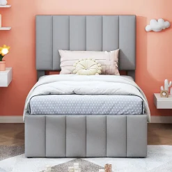Okwish Lit Gigogne 90x200 cm - Lit enfant avec Tiroirs et Lit Gigogne, Revêtement en Lin, MDF et Métal - sans matelas - Gris